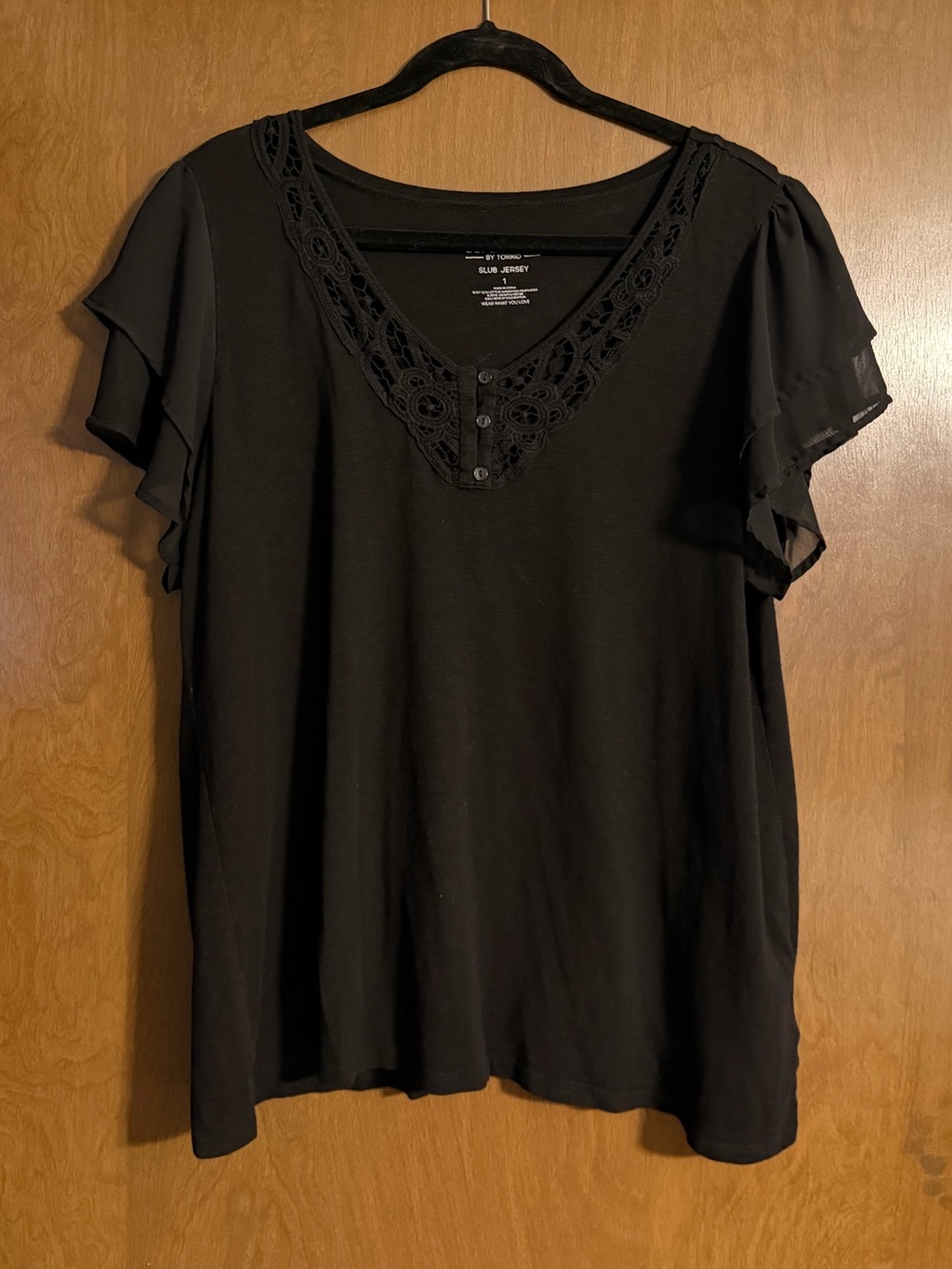 Torrid Black Lace-Trim Flutter Sleeve Top